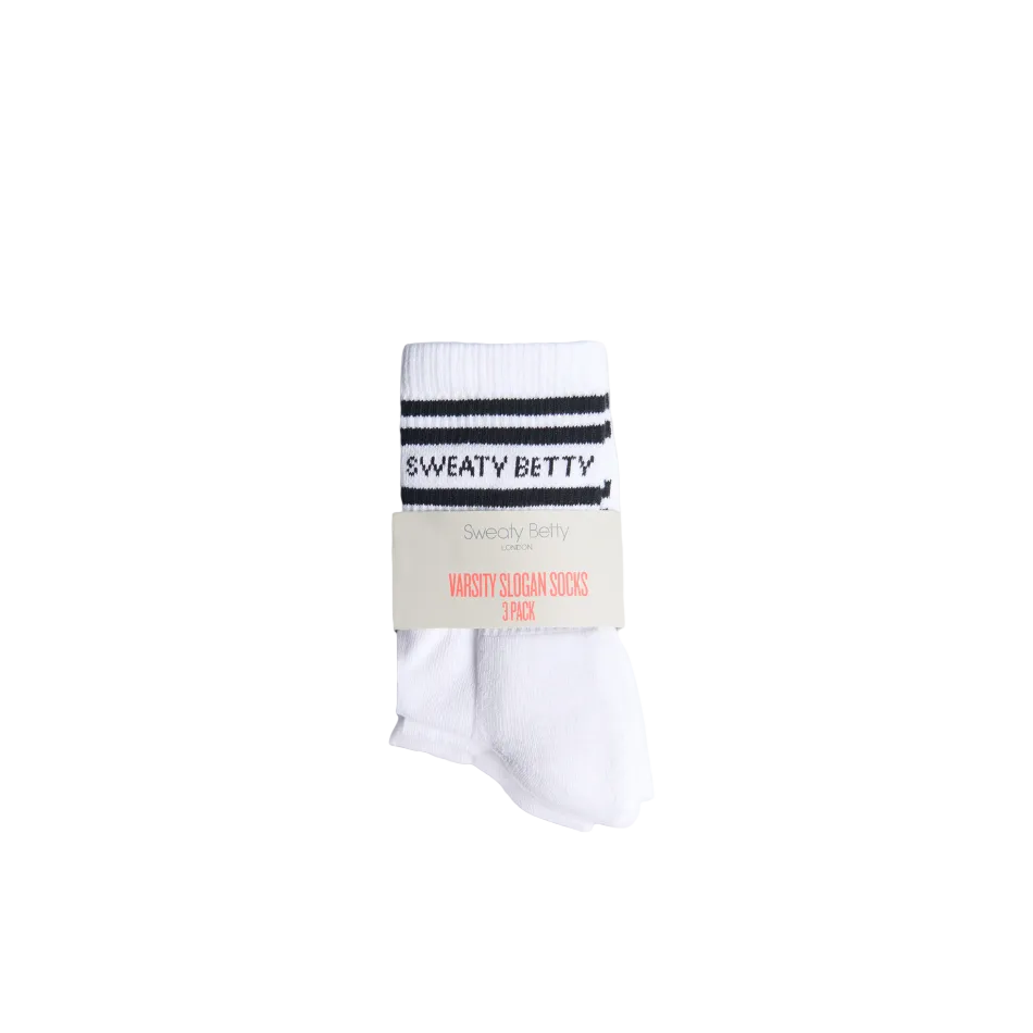Sweaty Betty Varsity Slogan Socks 3 Pack in White/Black SS26