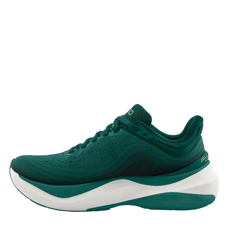 Up & Running Topo Aura men's running shoes in teal and white with a thick cushioned midsole and stable design.
