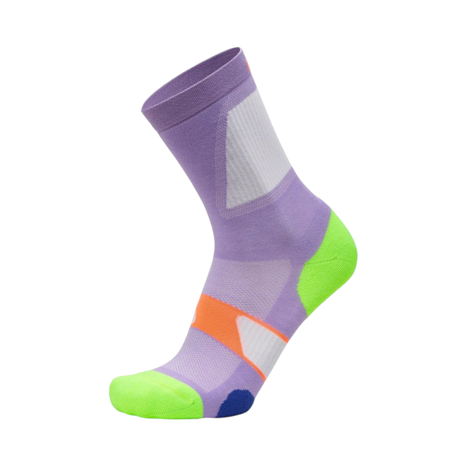 Up & Running Balega UltraGlide lavender mini crew running socks with lime green heel and toe and moisture-wicking fabric