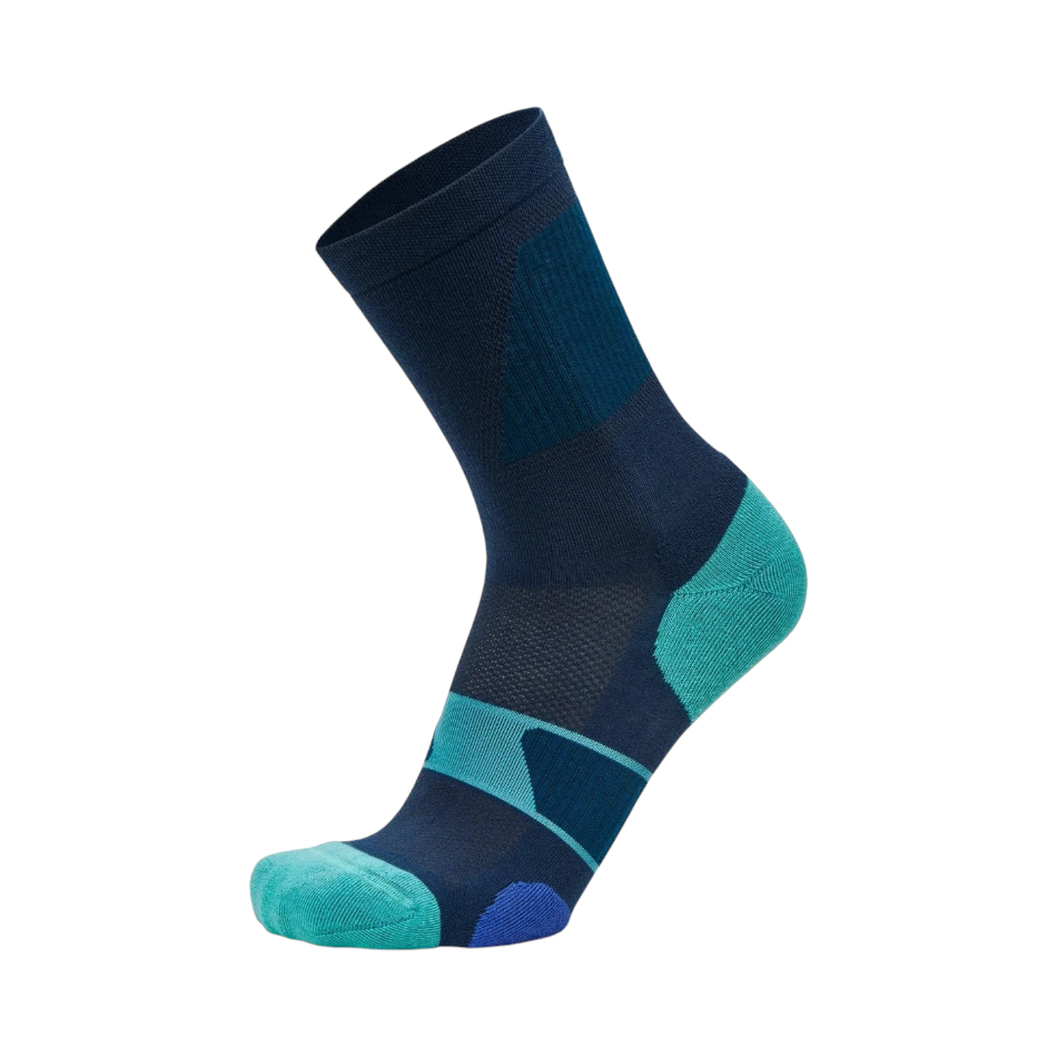 Up & Running Balega UltraGlide mini crew running socks in legion blue with moisture-wicking and cushioned design.