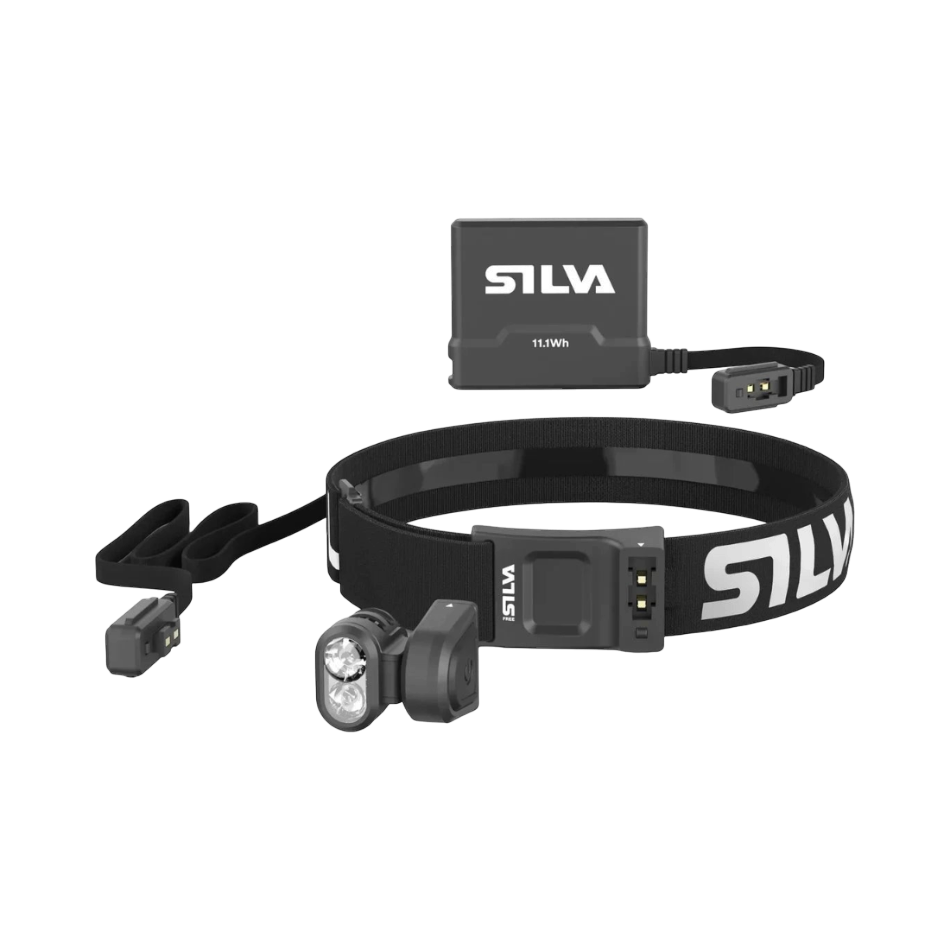 Up & Running Silva Free Runner 1100 head torch with black headband, lightweight lamp unit, and external battery pack
