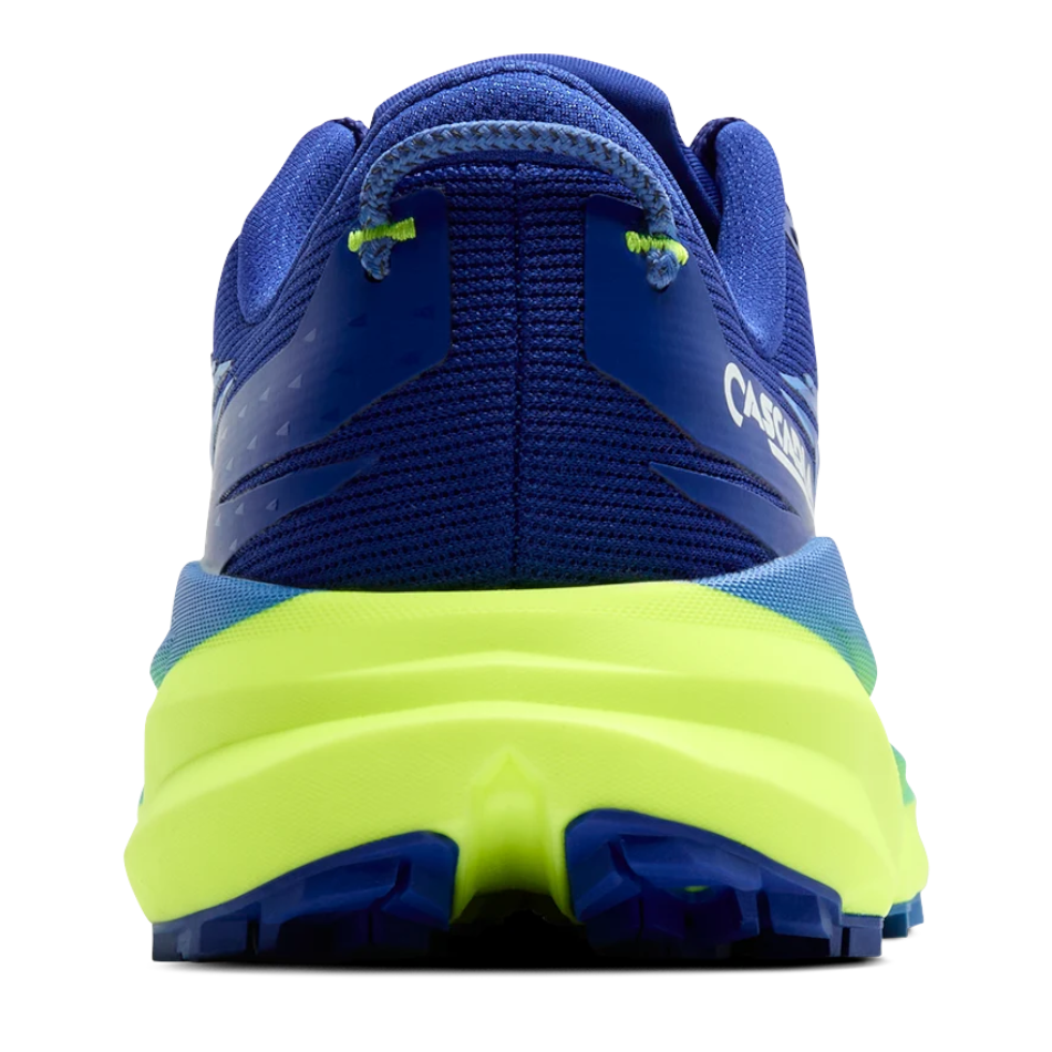 Rear view of Up & Running Brooks Cascadia 19 trail running shoe in blue and neon yellow with DNA LOFT v2 cushioning
