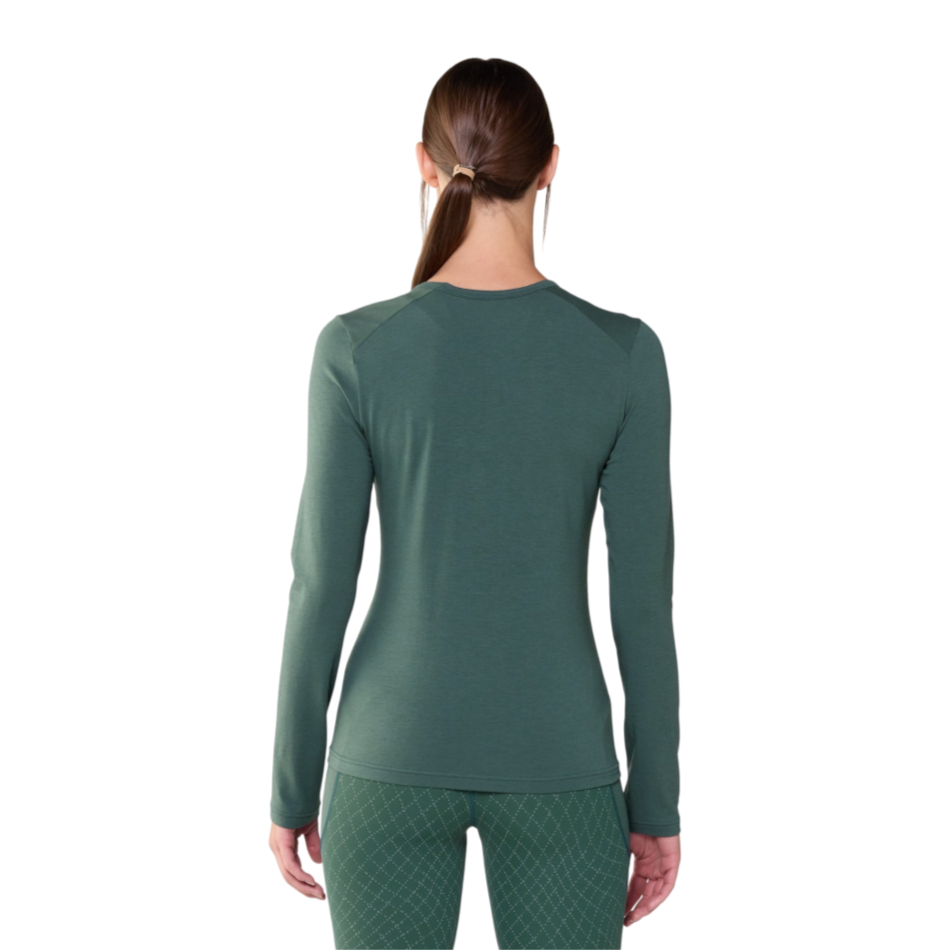 Back view of Up & Running Janji Women's Circa Daily Long Sleeve in Atlantis green quick-drying performance fabric.