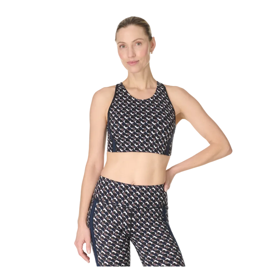 Sweaty Betty Power Side Stripe Sports Bra in Brown Arch Geo Print SS26