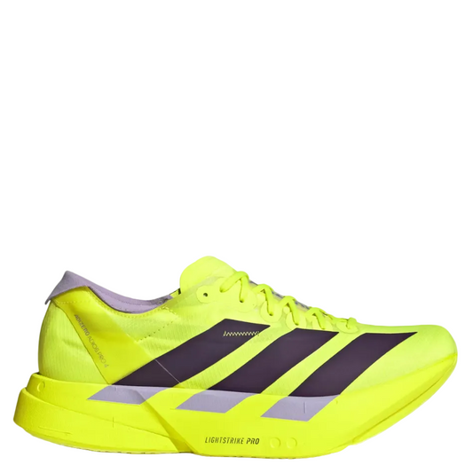 adidas Men's Adios Pro 4 Running Shoes in Solar Yellow/Aurora Plum/Powder Plum SS26