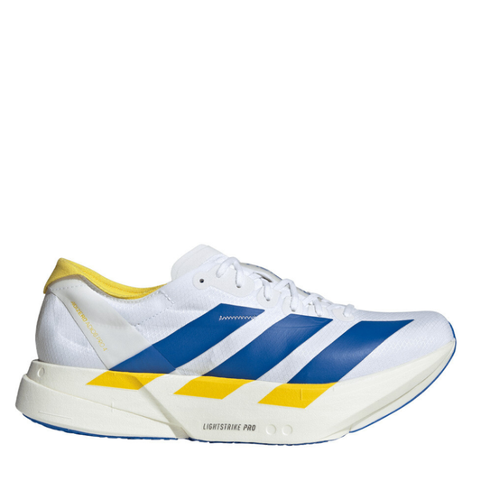 adidas Men's Adios Pro 4 Running Shoes in Cloud White/Blue/Yellow SS26