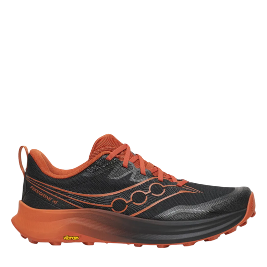 Up & Running Saucony Peregrine 16 trail running shoes in black and rust with Vibram Megagrip outsole