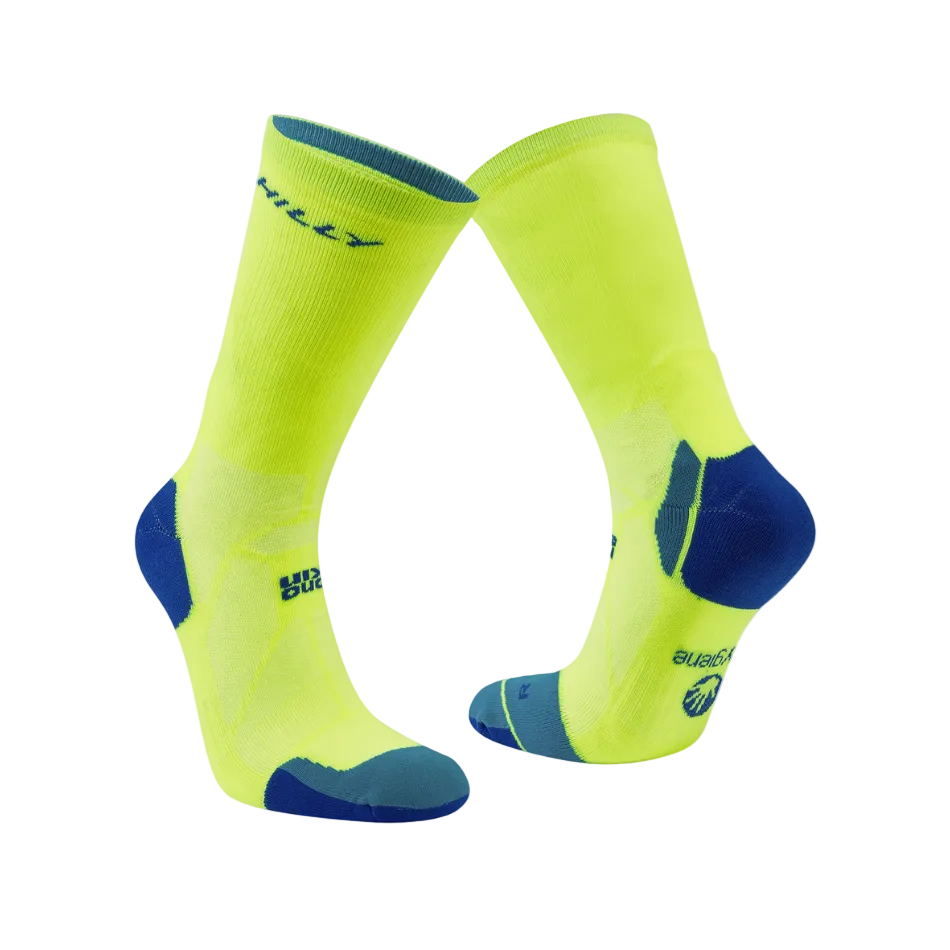 Hilly Unisex Marathon Fresh Crew Socks Min in Fluo Yellow/Royal Blue SS26