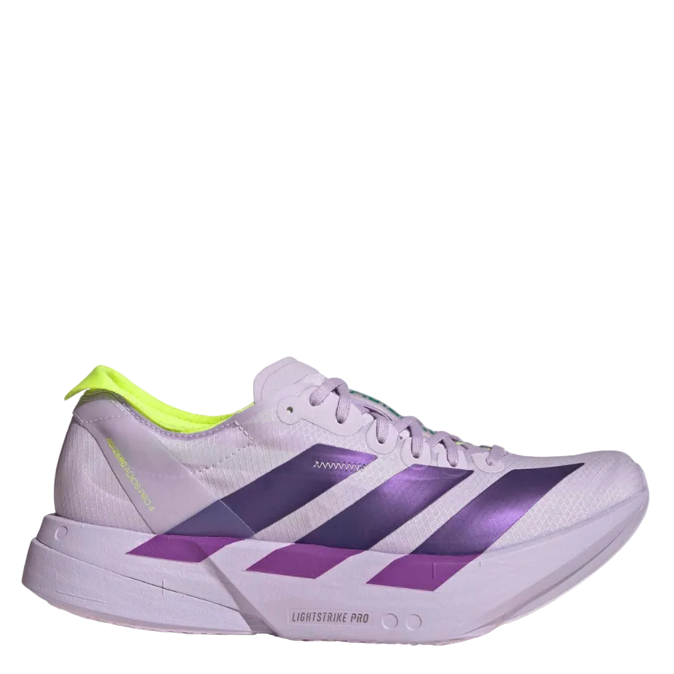 adidas Women's Adizero Adios Pro 4 Running Shoes in Purple Tint/Solar Purple/Signal Green AW26
