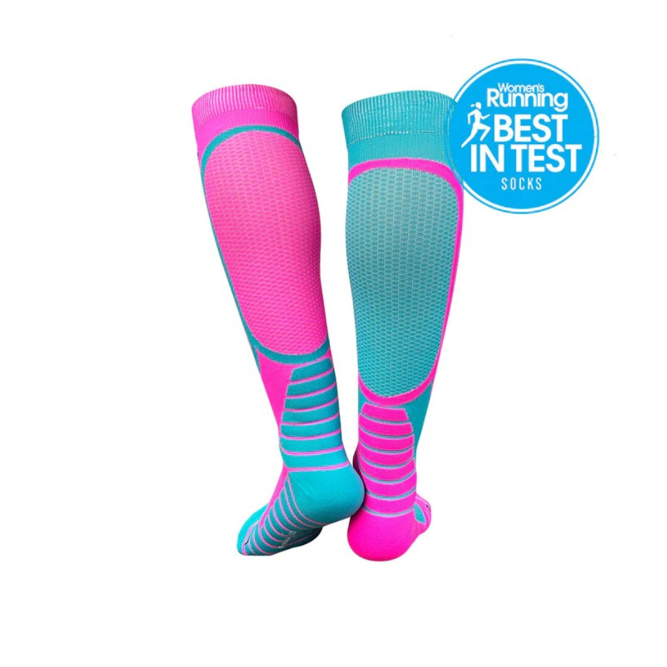 Monkey Sox Victory Compression Running Socks in Pink/Turquoise