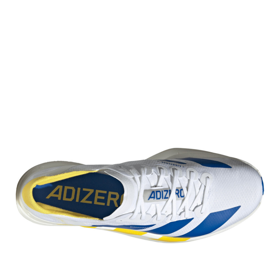 adidas Men's Adios Pro 4 Running Shoes in Cloud White/Blue/Yellow SS26