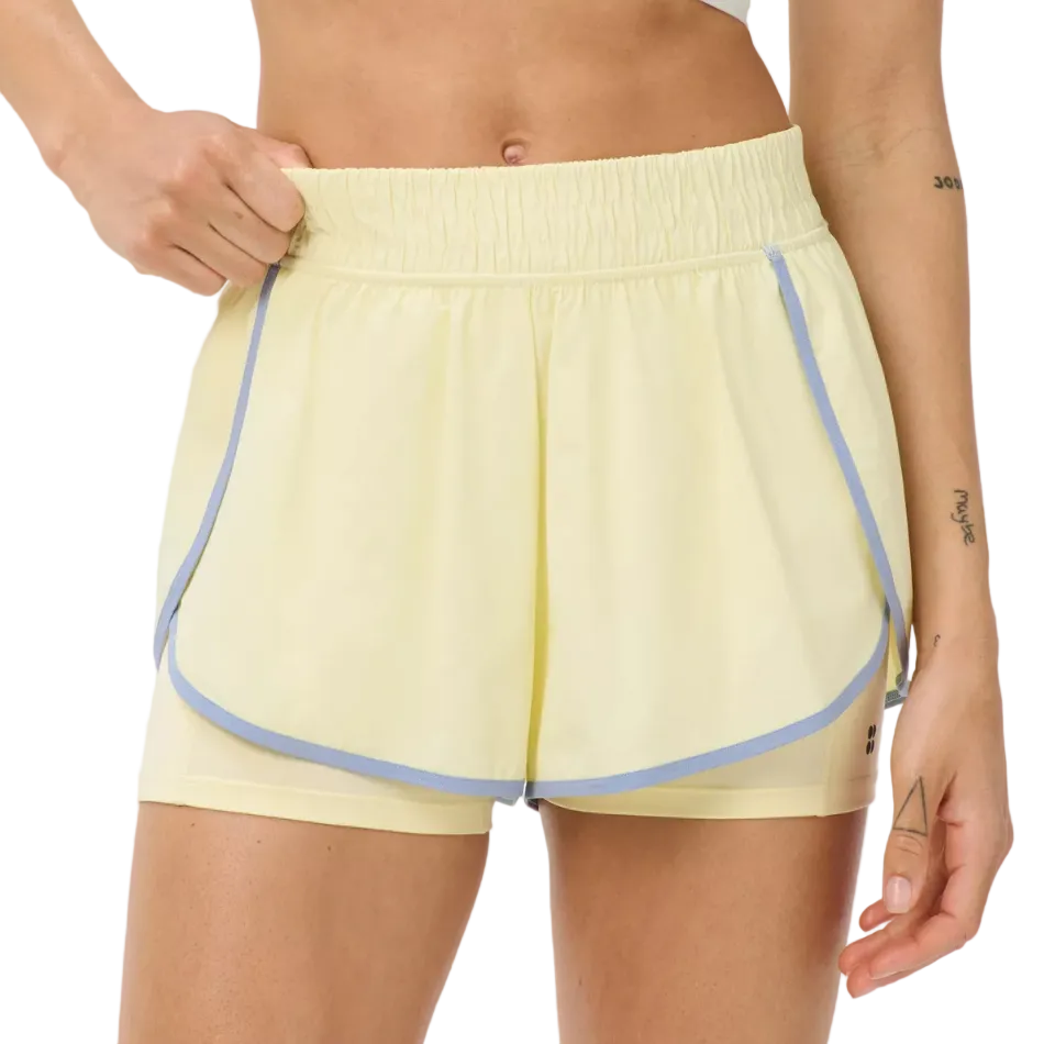 Sweaty Betty Get Set 2 in 1 Multi Train Shorts Contrast Binding in Butterscotch Yellow Laguna Blue AW26