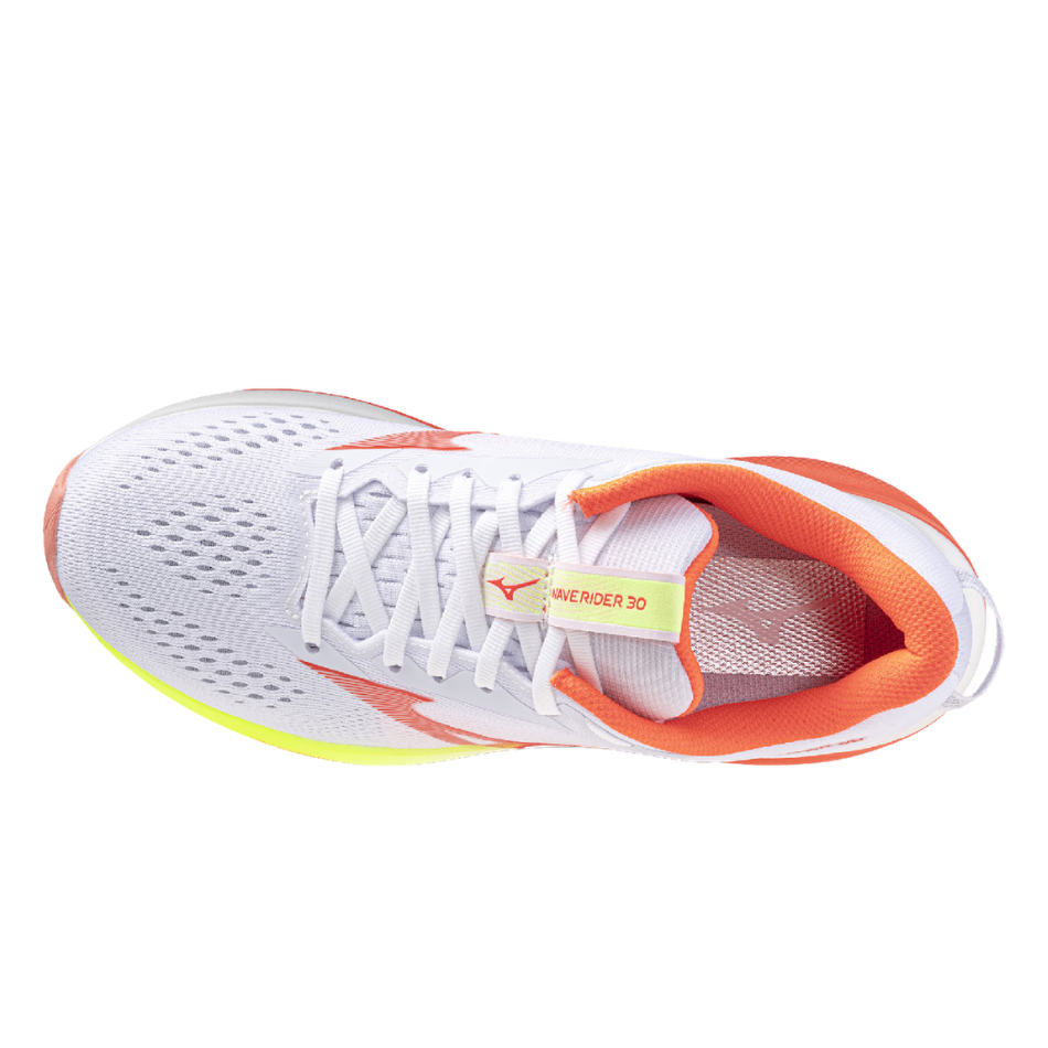 Mizuno Women's Wave Rider 30 Running Shoes in White/Lava Orange/Lime Pulp AW26