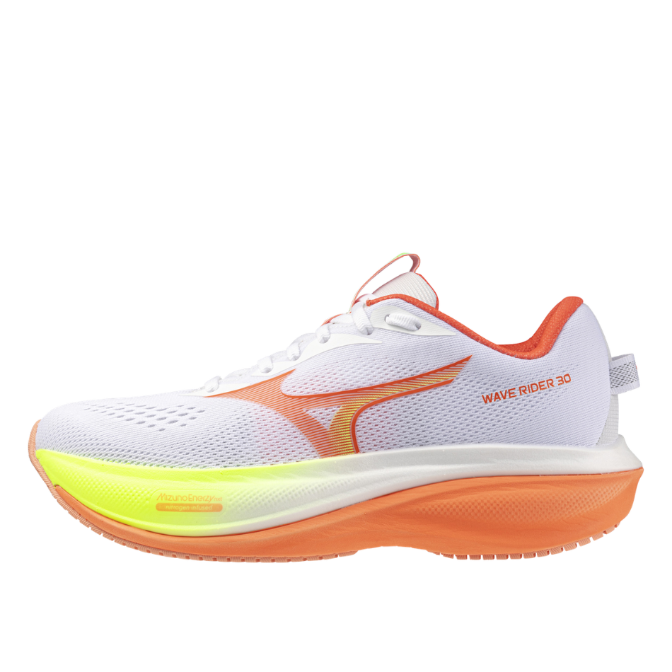 Mizuno Women's Wave Rider 30 Running Shoes in White/Lava Orange/Lime Pulp AW26