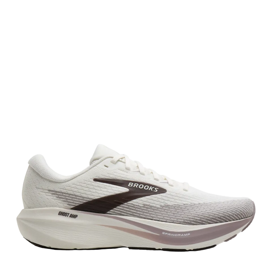 Brooks Ghost Amp running shoe in white and light grey with a dark brown logo stripe and white laces, shown from a side profile on a white background.
