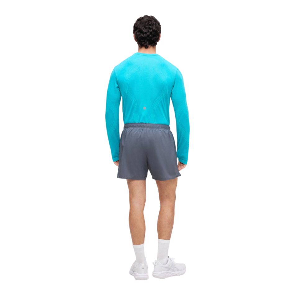 Up & Running ASICS men's 5-inch running shorts in carrier grey with elastic waistband, back view on a male runner.