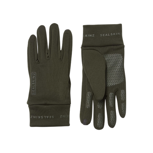 Up & Running Sealskinz olive water-repellent nano fleece gloves with touchscreen-compatible grip palms.