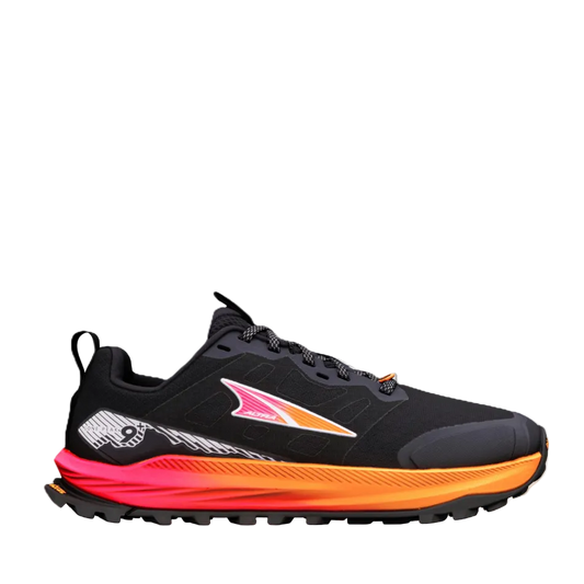 A black Altra trail running shoe with an orange and pink midsole with the brand logo on the side.