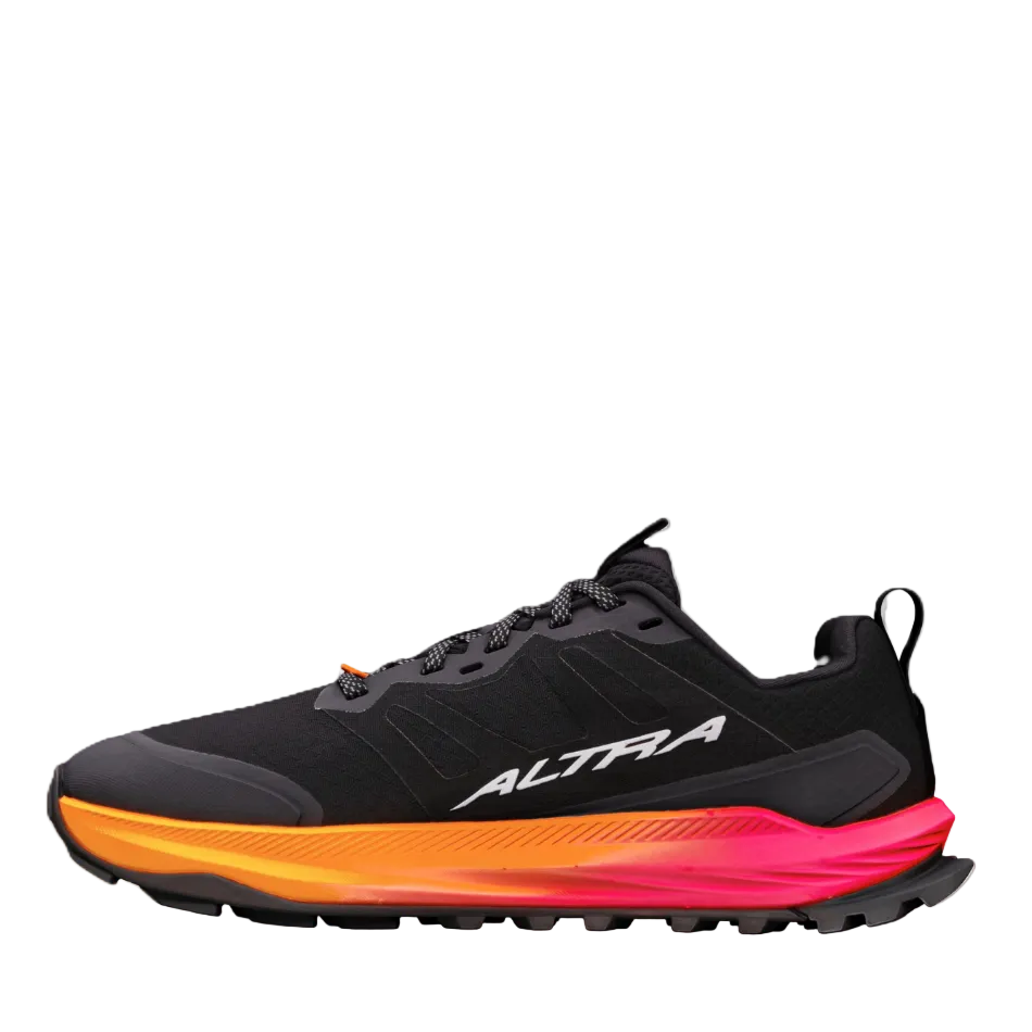 A black Altra running shoe with a vibrant orange and pink midsole side view.