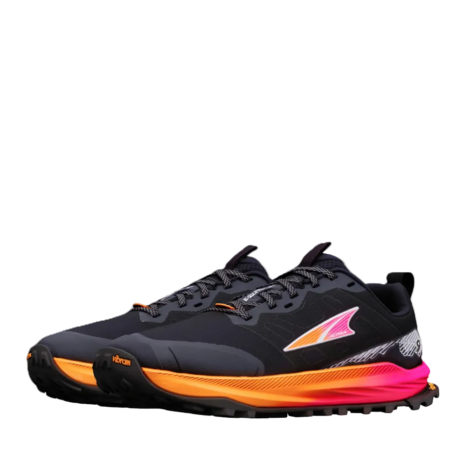 A black Altra trail running shoe with a vibrant orange and pink midsole.