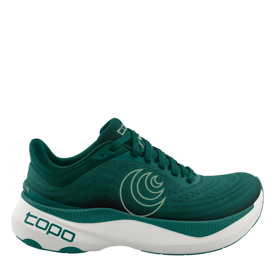 Up & Running Topo Aura men's running shoes in teal and white with a cushioned ZipFoam midsole and stable design.