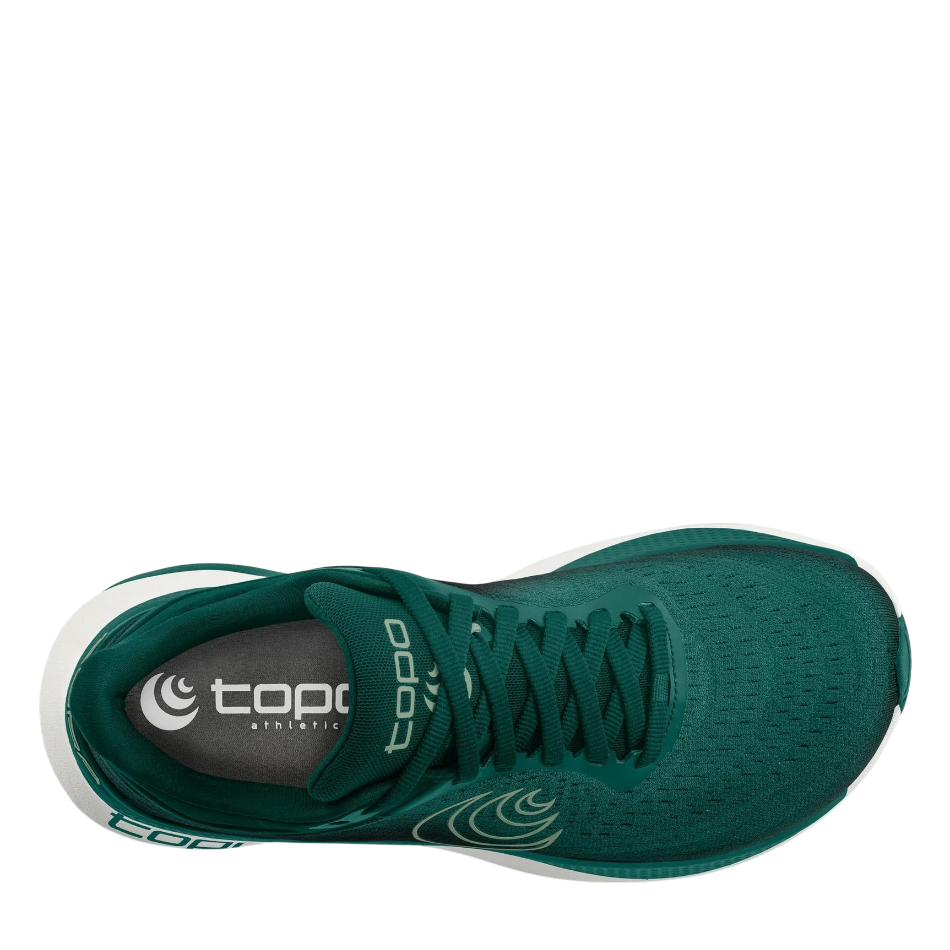 Up & Running Topo Aura men's running shoes in teal and white with a wide toe box and cushioned ZipFoam midsole