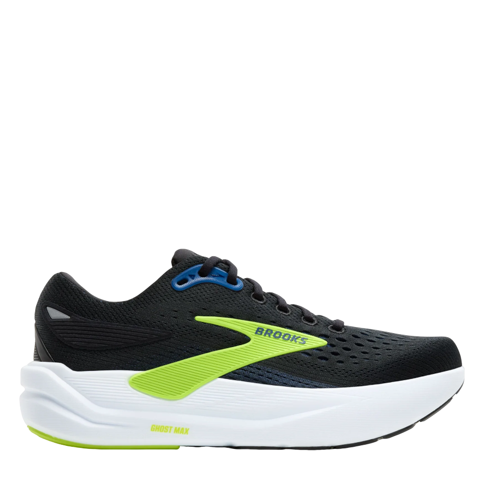 Up & Running Brooks Men's Ghost Max 3 running shoes in black, navy, and acid lime with high-stack DNA LOFT v3 cushioning.