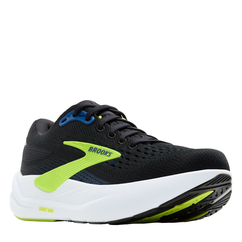 Up & Running Brooks Men's Ghost Max 3 running shoes in black, navy, and acid lime with high-stack DNA LOFT v3 cushioning.