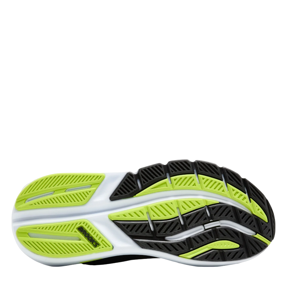 Up & Running Brooks Ghost Max 3 running shoe outsole in black, white, and acid lime with durable traction pattern
