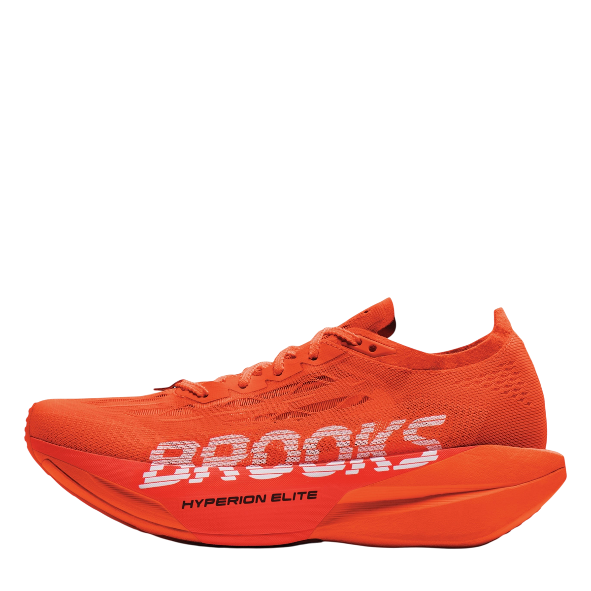 Up & Running Brooks Hyperion Elite 6 running shoes in tigerlily orange with white branding and thick rocker sole