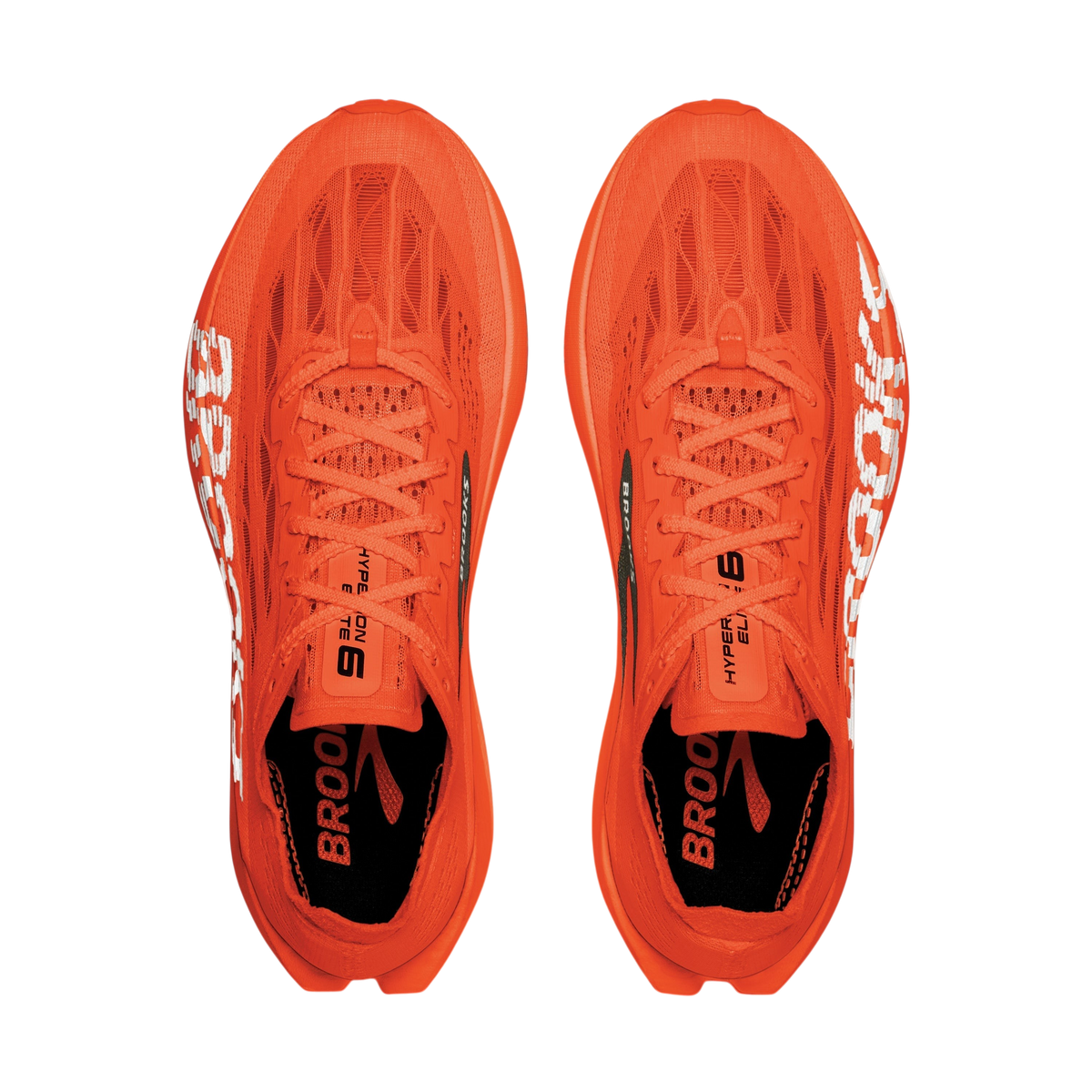 Up & Running Brooks Hyperion Elite 6 running shoes in vibrant tigerlily orange with white branding, top-down view.