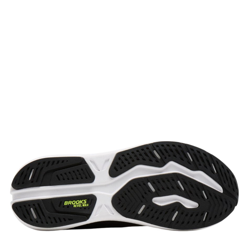 Up & Running Brooks Revel Max running shoe outsole in black and white with neon yellow branding detail