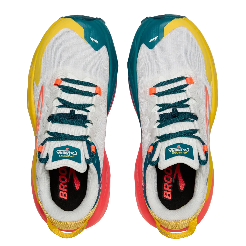 Brooks Women's Caldera 8 Trail Running Shoes in Bit of Blue/Quince/Flame, top view