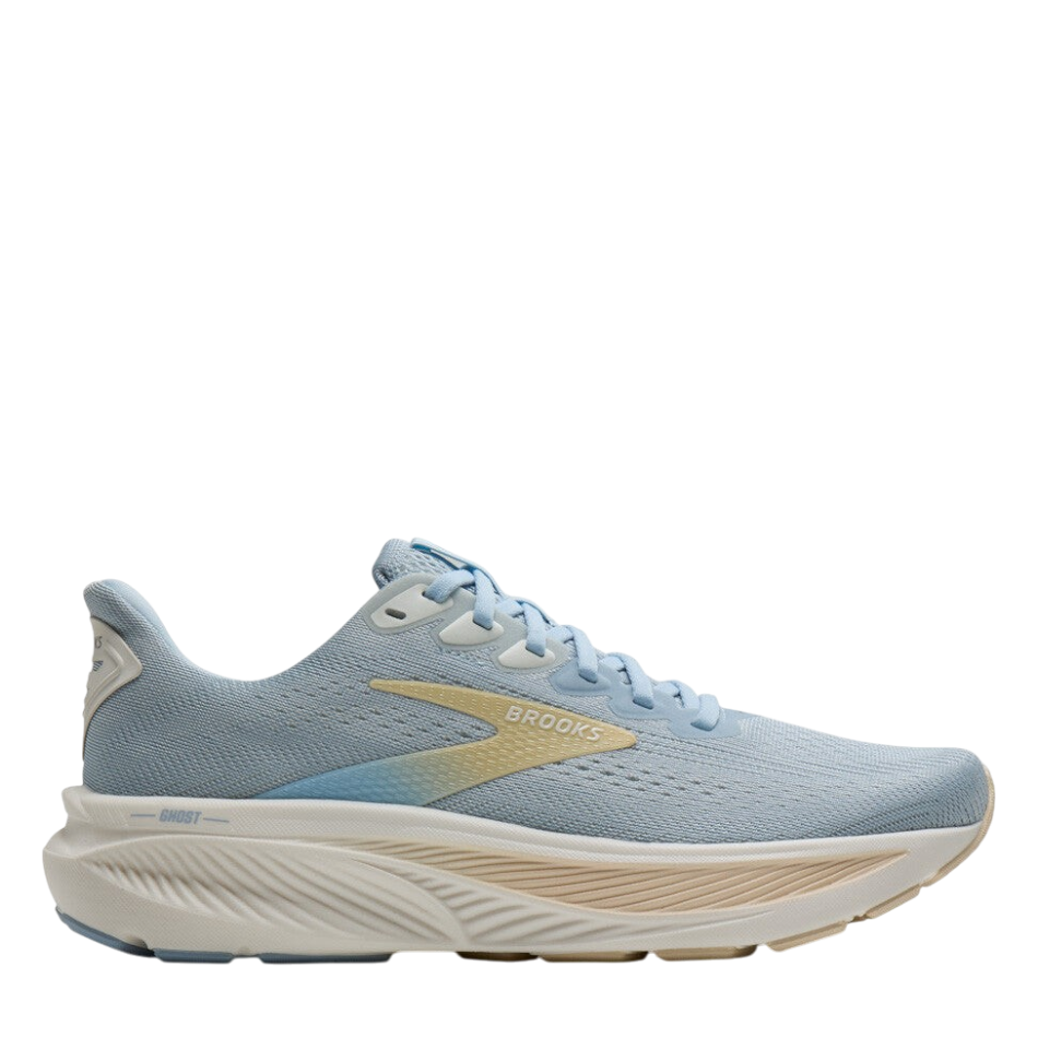 Up & Running Brooks Women's Ghost 17 running shoes in skyway blue, coconut, and sand with breathable air mesh upper.