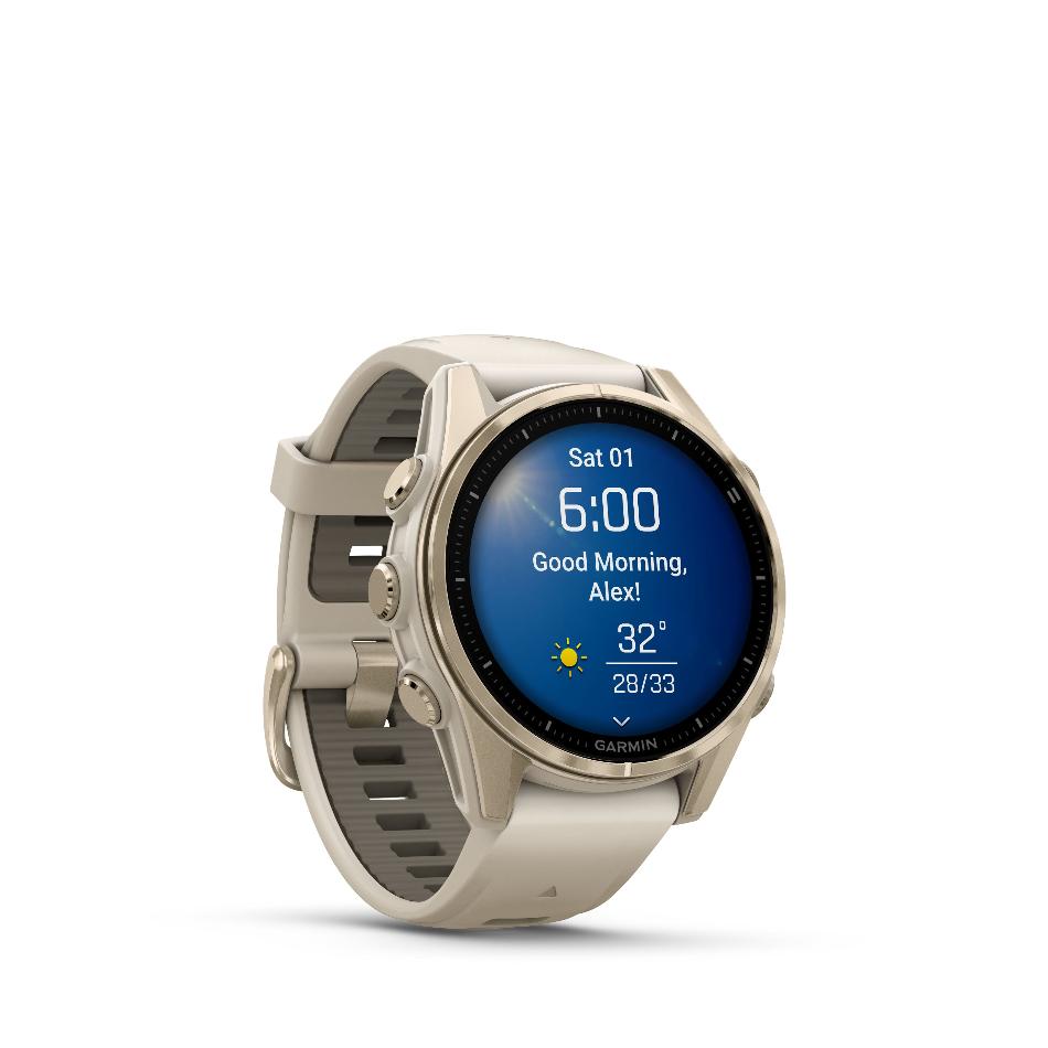 Garmin Fenix 8, 43mm, AMOLED, Sapphire, Soft Gold Stainless Steel and Fog Gray with Fog Gray and Dark Sand Band