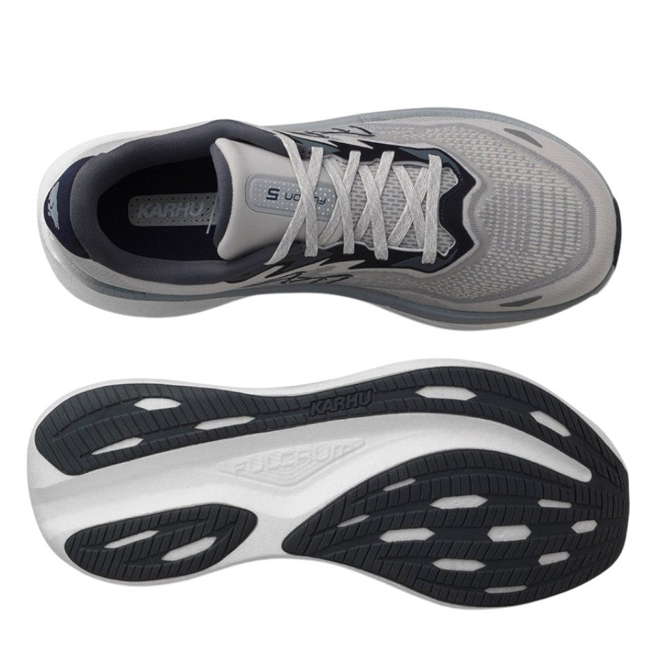 Up & Running Karhu Fusion 5.0 running shoes in Antarctica and Turbulence grey, showing top and outsole views.