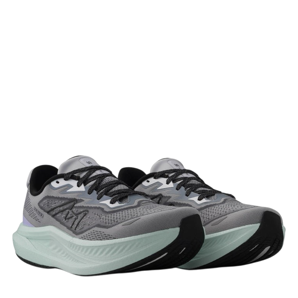 Up & Running Karhu Women's Fusion 5.0 running shoes in ultimate grey and pale aqua with breathable IdealKnit mesh.