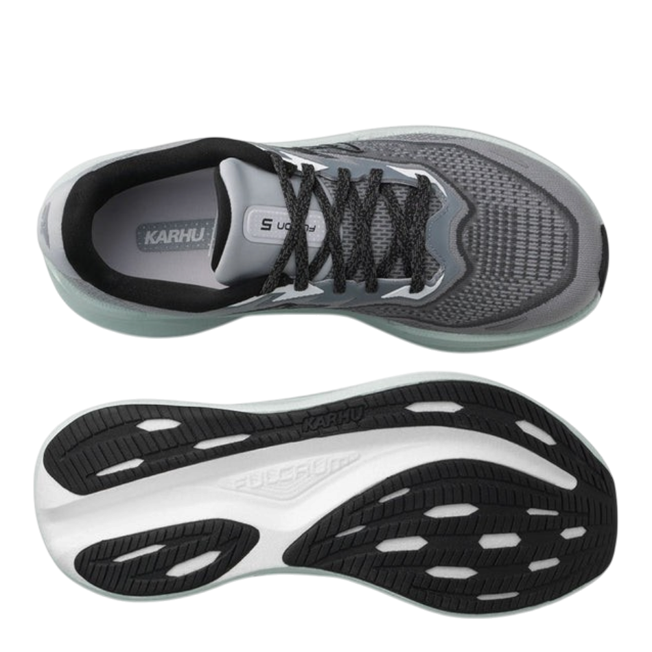 Up & Running Karhu Women's Fusion 5.0 running shoes in ultimate grey and pale aqua with mesh upper and Fulcrum sole.