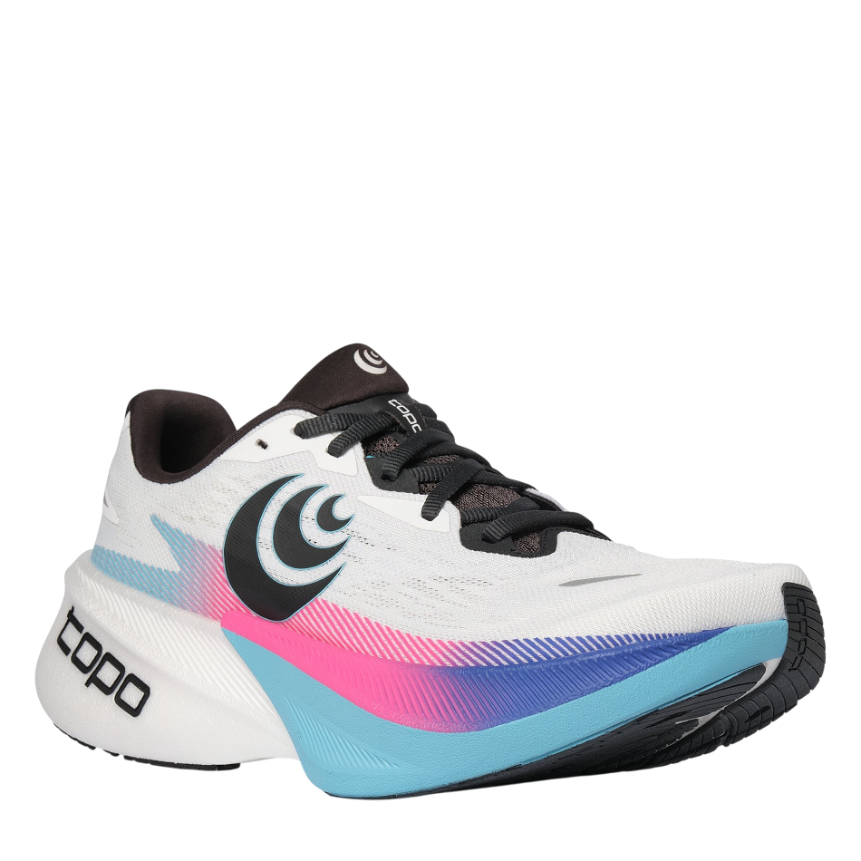 Up & Running Topo Specter 3 men's road running shoes in white with sky blue and pink gradient midsole accents