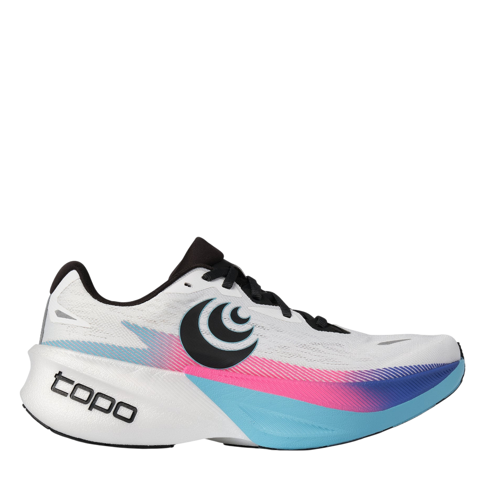 Up & Running Topo Specter 3 men's road running shoe in white with sky blue and pink accents and max-cushion midsole