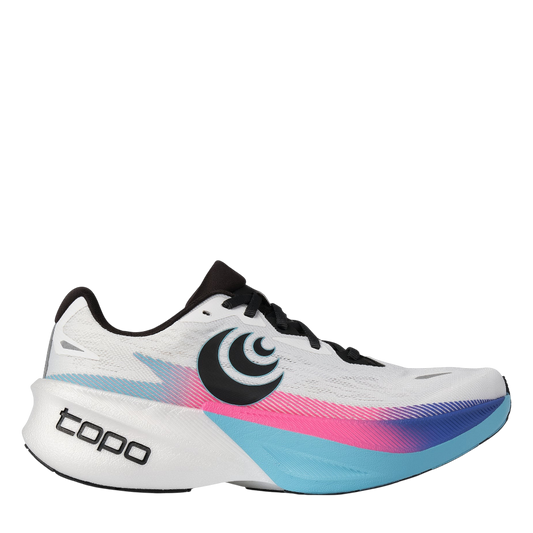 Up & Running Topo Specter 3 men's road running shoe in white with sky blue and pink accents and max-cushion midsole