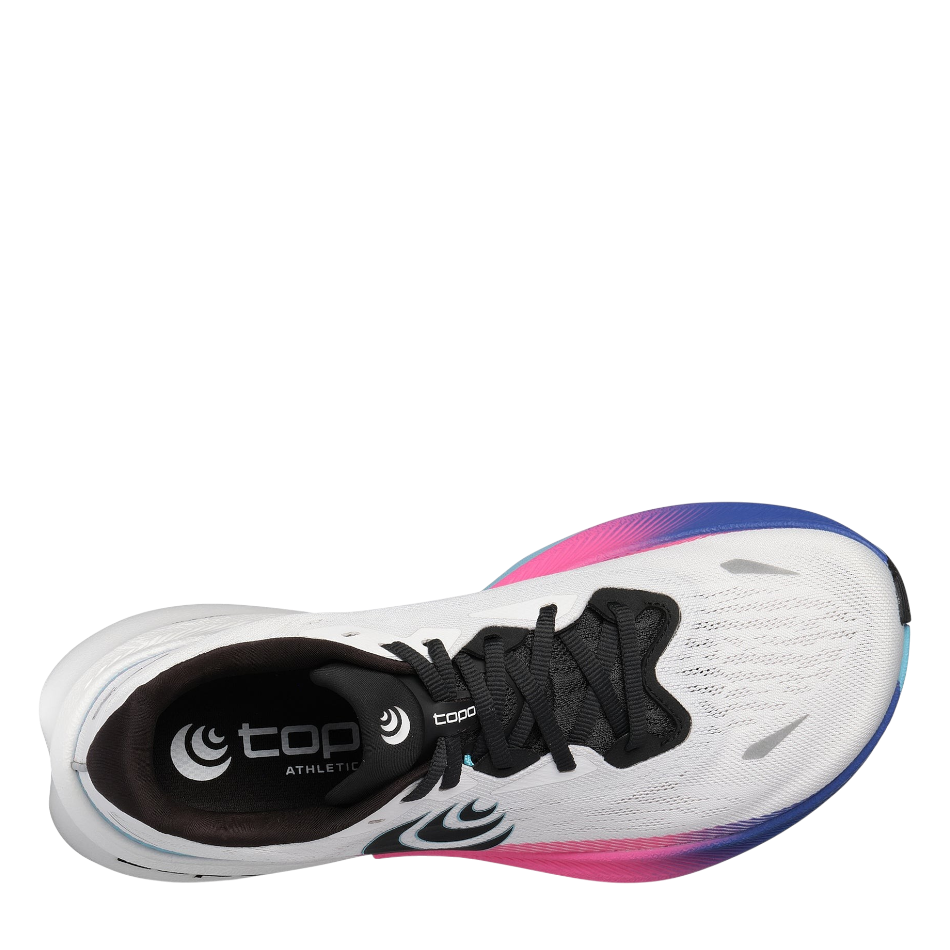 Up & Running Topo Specter 3 men's running shoe in white with sky blue and pink gradient midsole, top view.