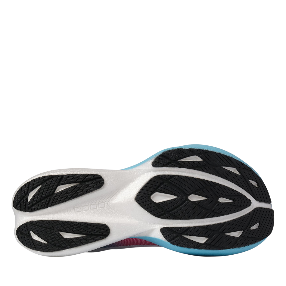 Up & Running Topo Specter 3 running shoe outsole in white, black, and sky blue with rocker geometry design
