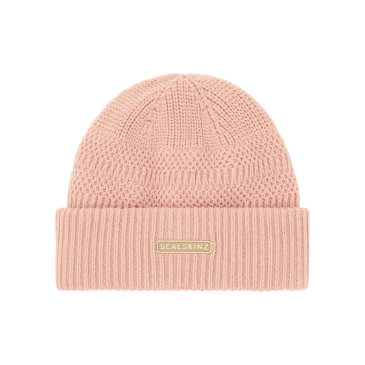 Up & Running Sealskinz Gressenhall waterproof cold weather beanie in soft pink with a ribbed cuff and logo patch