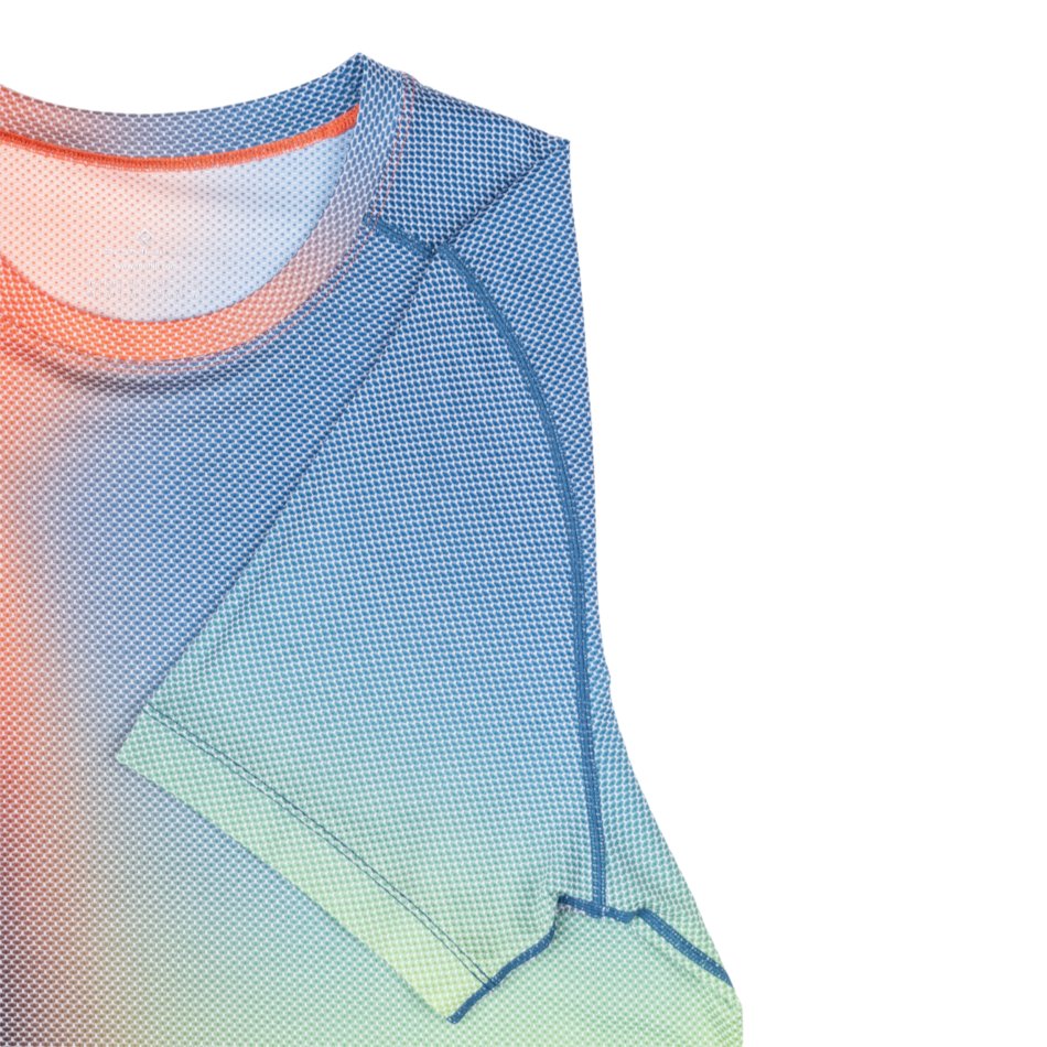 Up & Running Ronhill men's tech running t-shirt featuring a red, blue, and green gradient mesh fabric design.
