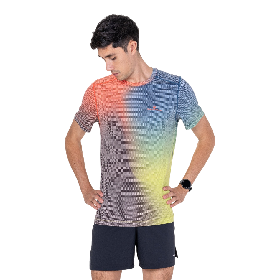 Up & Running Ronhill men's tech running t-shirt in red and yellow gradient print with short sleeves