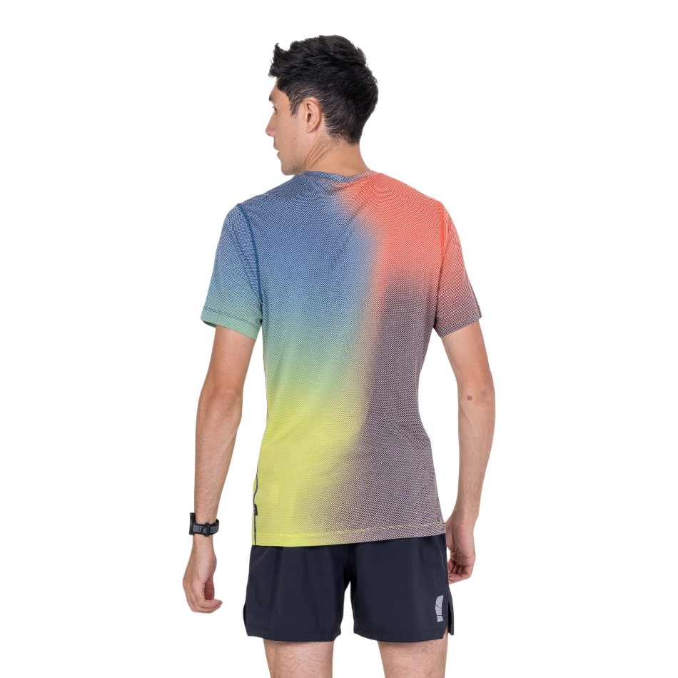 Up & Running Ronhill men's tech short sleeved running tee in a red, yellow, and blue gradient pattern, back view