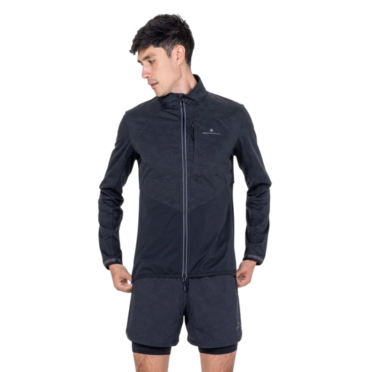 Up & Running Ronhill men's black Tech Reflect Lux running jacket with reflective grid pattern and front zip pocket