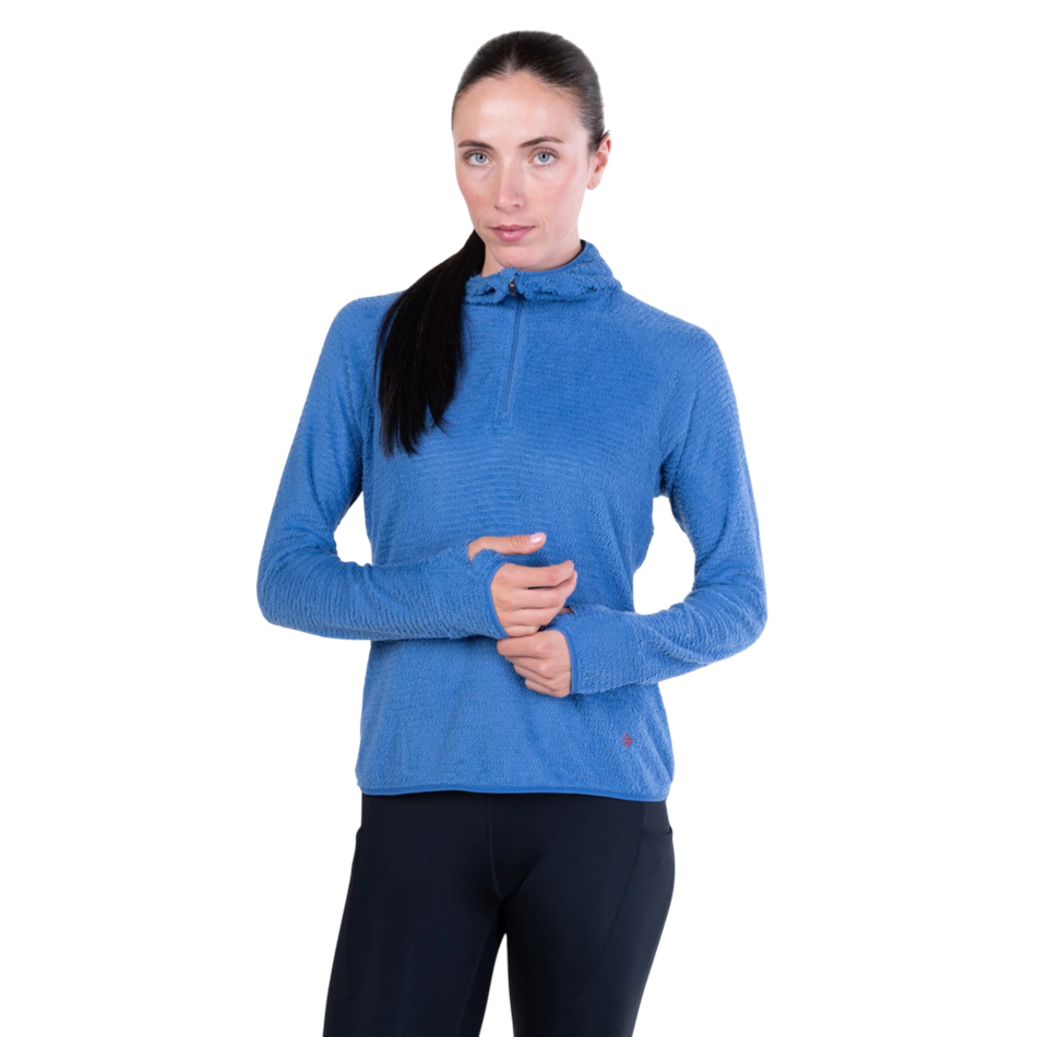 Up & Running Ronhill women's blue Primaloft winter running hoodie with thumbholes and half-zip collar