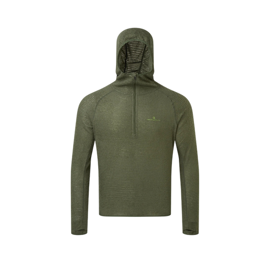Up & Running Ronhill men's kelp green Tech Winter Primaloft hoodie with a quarter zip and thumb holes.